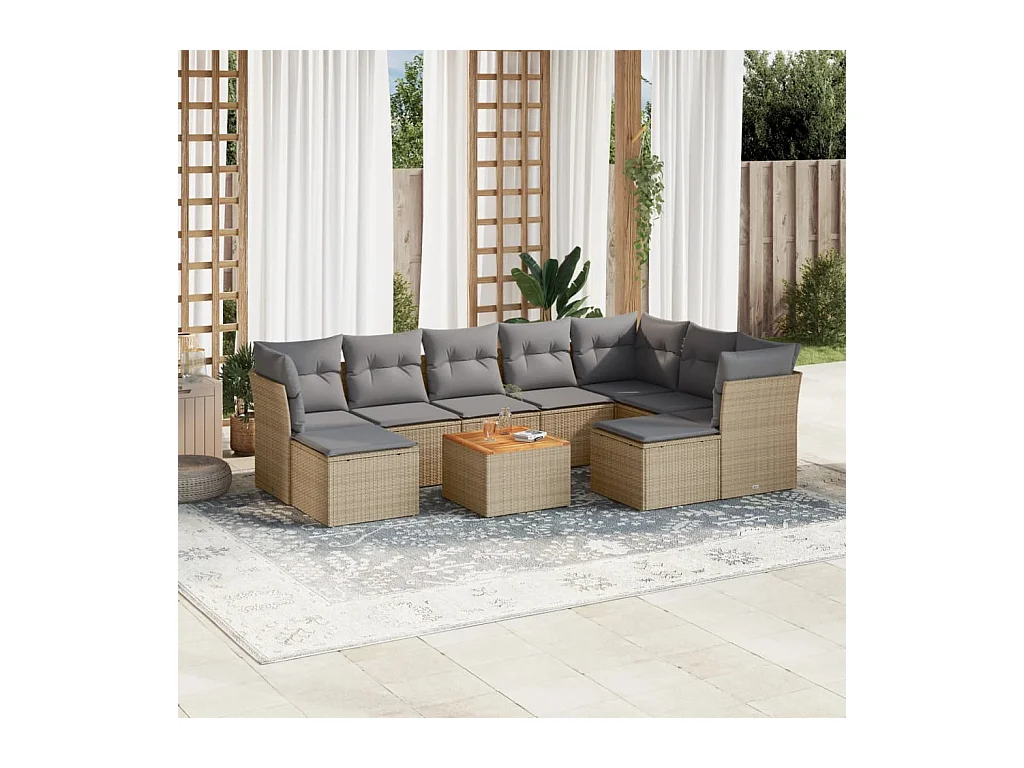Salon de jardin avec coussins 10 pcs beige résine tressée