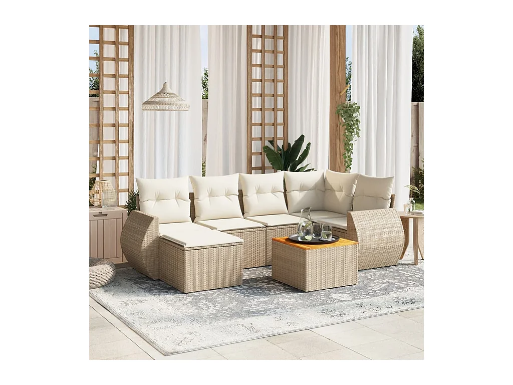 Salon de jardin avec coussins 7 pcs beige résine tressée