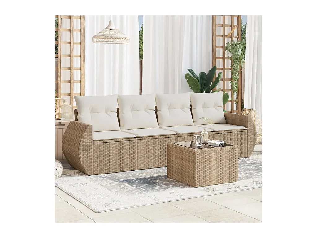 Salon de jardin avec coussins 5 pcs beige résine tressée