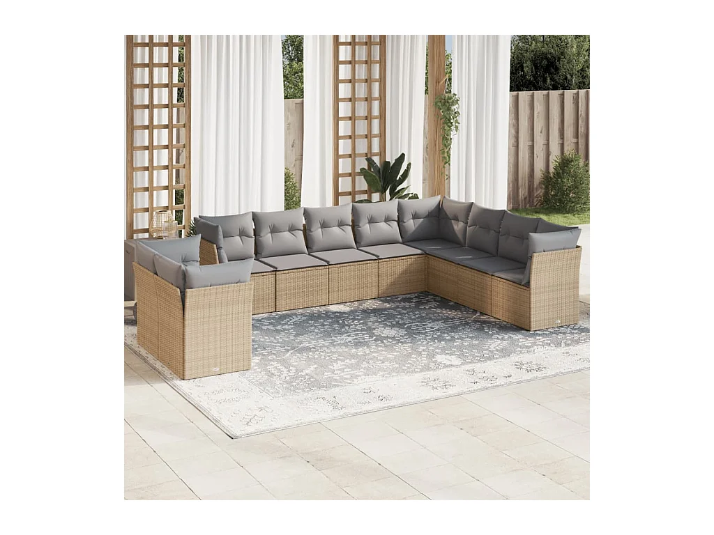 Set Divano da Giardino 10 pz con Cuscini Beige in Polyrattan