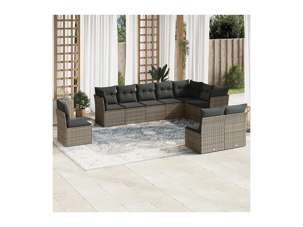 Set Divano da Giardino 10 pz con Cuscini Grigio in Polyrattan