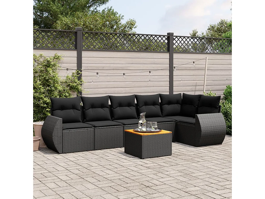 7 pcs conjunto de sofás p/ jardim c/ almofadões vime PE preto