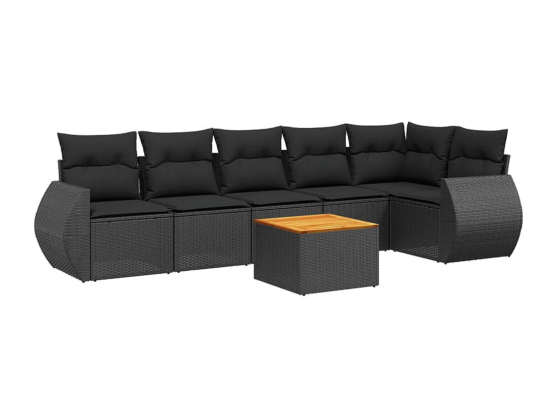 7 pcs conjunto de sofás p/ jardim c/ almofadões vime PE preto