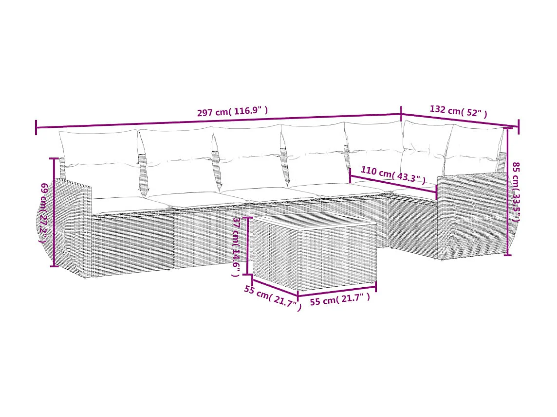 7 pcs conjunto de sofás p/ jardim c/ almofadões vime PE preto