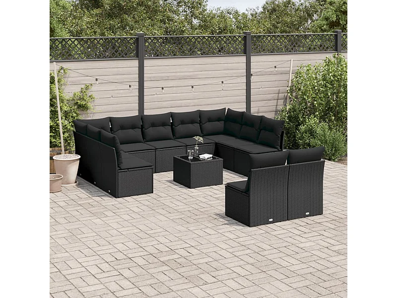 12-delige Loungeset met kussens poly rattan zwart