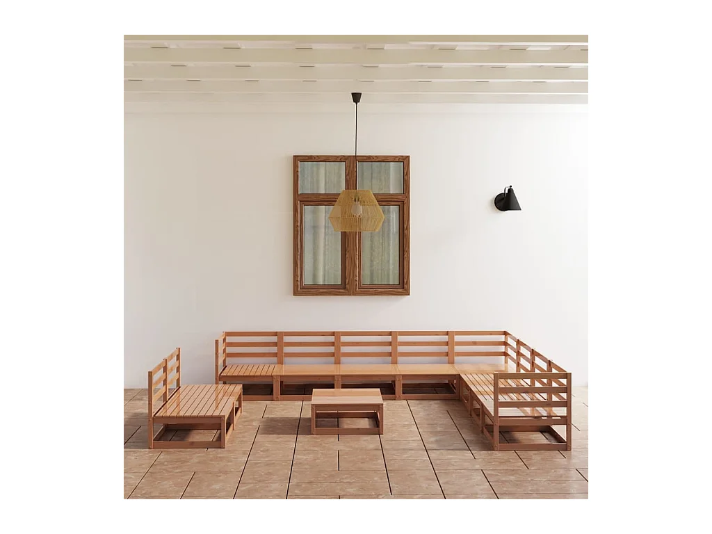 Salon de jardin 11 pcs marron miel bois de pin massif