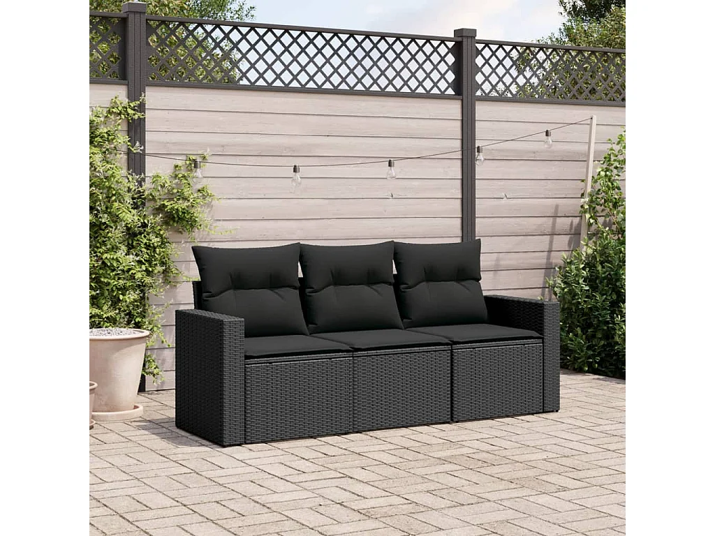 Salon de jardin 3 pcs avec coussins noir résine tressée