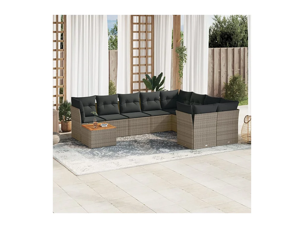 Salon de jardin avec coussins 10 pcs gris résine tressée