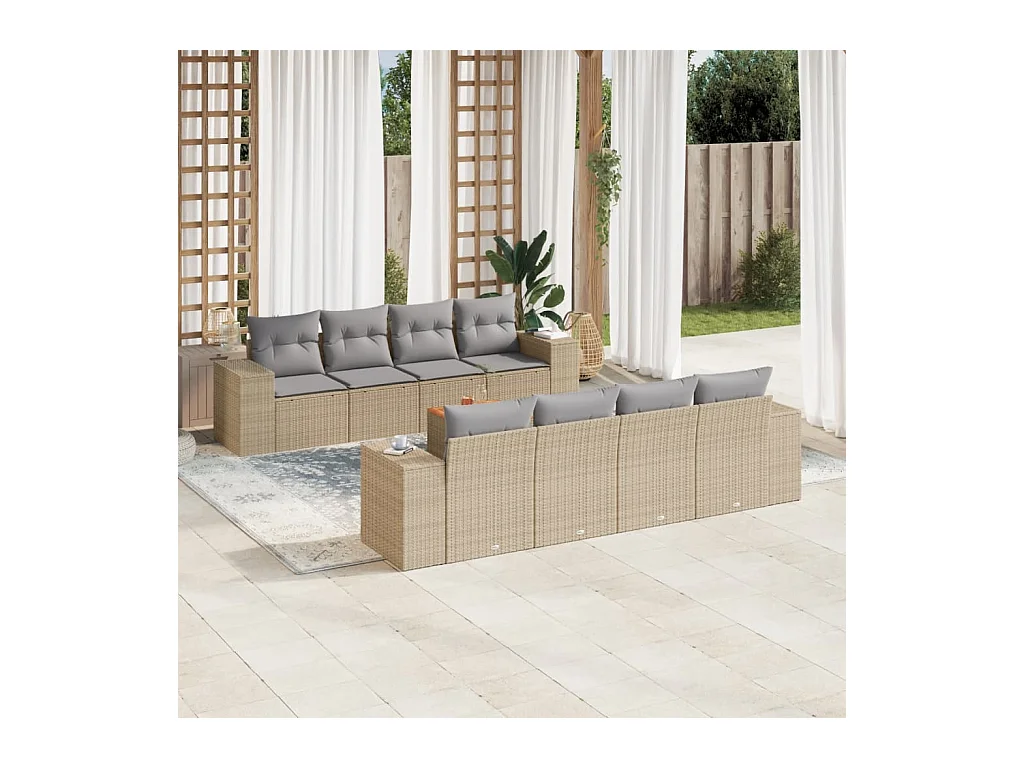 9-tlg. Garten-Sofagarnitur mit Kissen Beige Poly Rattan
