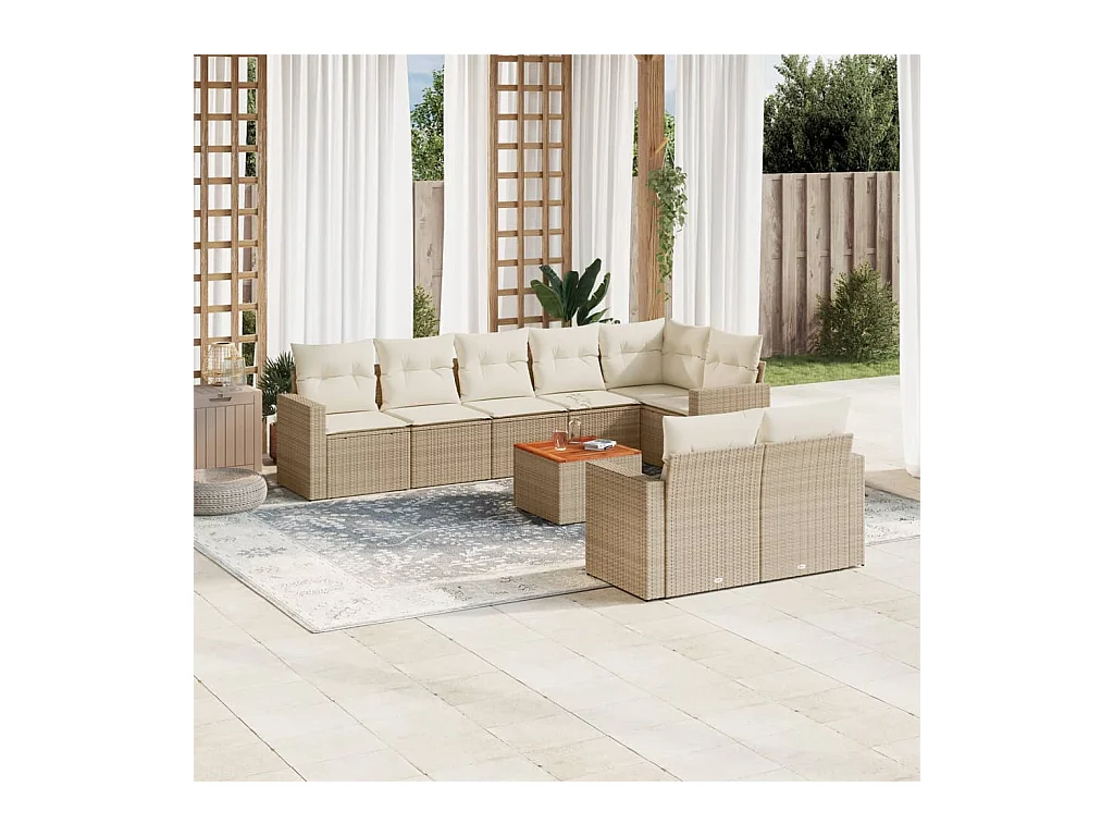 Set Divano da Giardino 9 pz con Cuscini Beige in Polyrattan