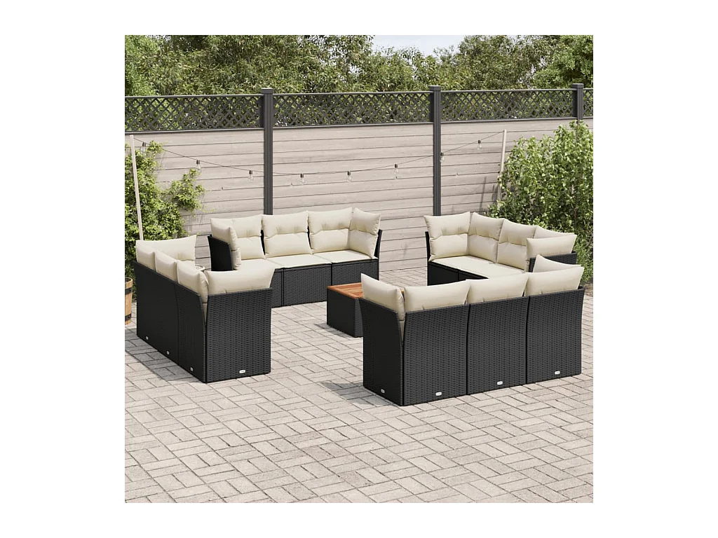 Salon de jardin avec coussins 13 pcs noir résine tressée