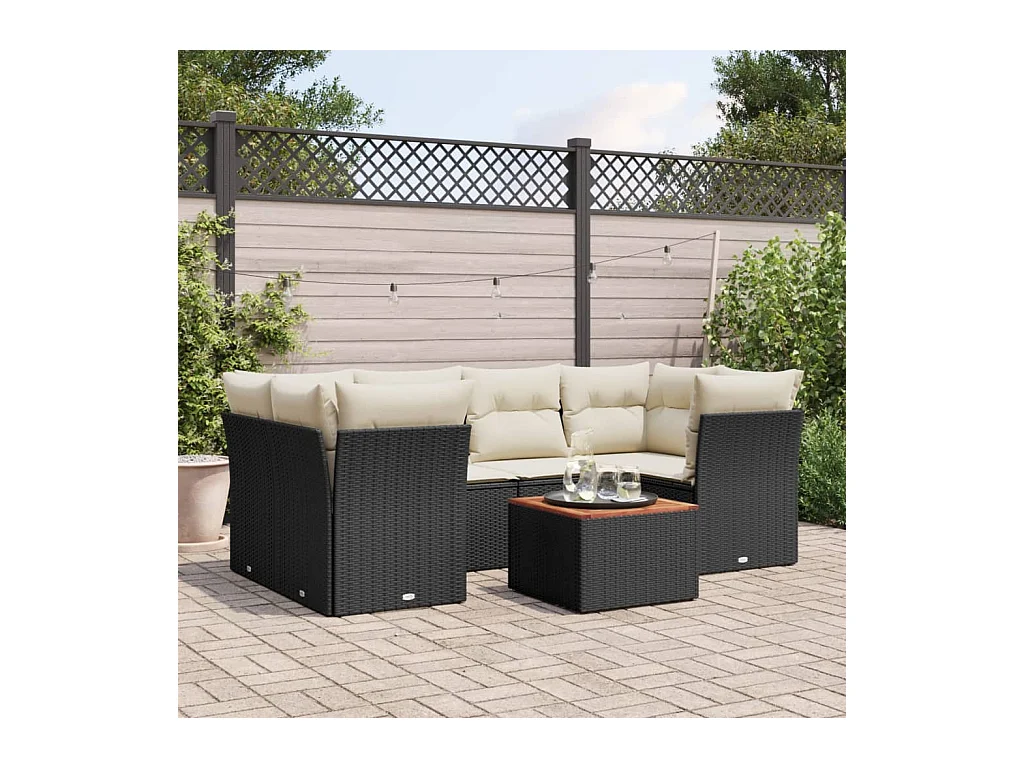 7-delige Loungeset met kussens poly rattan zwart