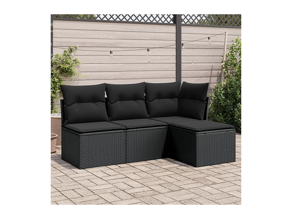 Salon de jardin 4 pcs avec coussins noir résine tressée