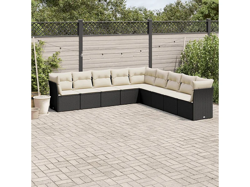 9-delige Loungeset met kussens poly rattan zwart
