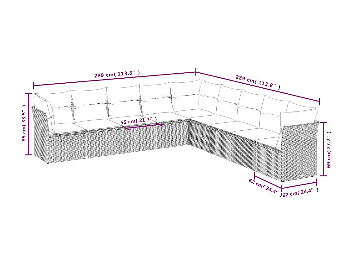 9-tlg. Garten-Sofagarnitur mit Kissen Schwarz Poly Rattan