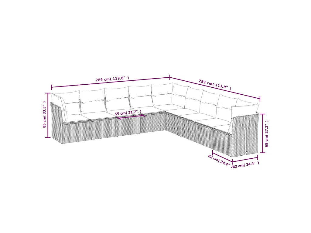 9-delige Loungeset met kussens poly rattan zwart