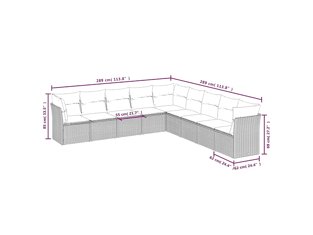 9 pcs conjunto de sofás p/ jardim c/ almofadões vime PE preto