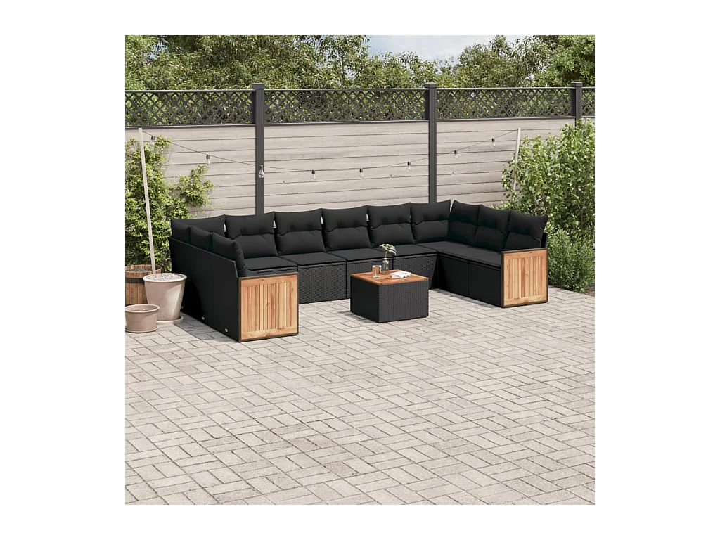 11-delige Loungeset met kussens poly rattan zwart