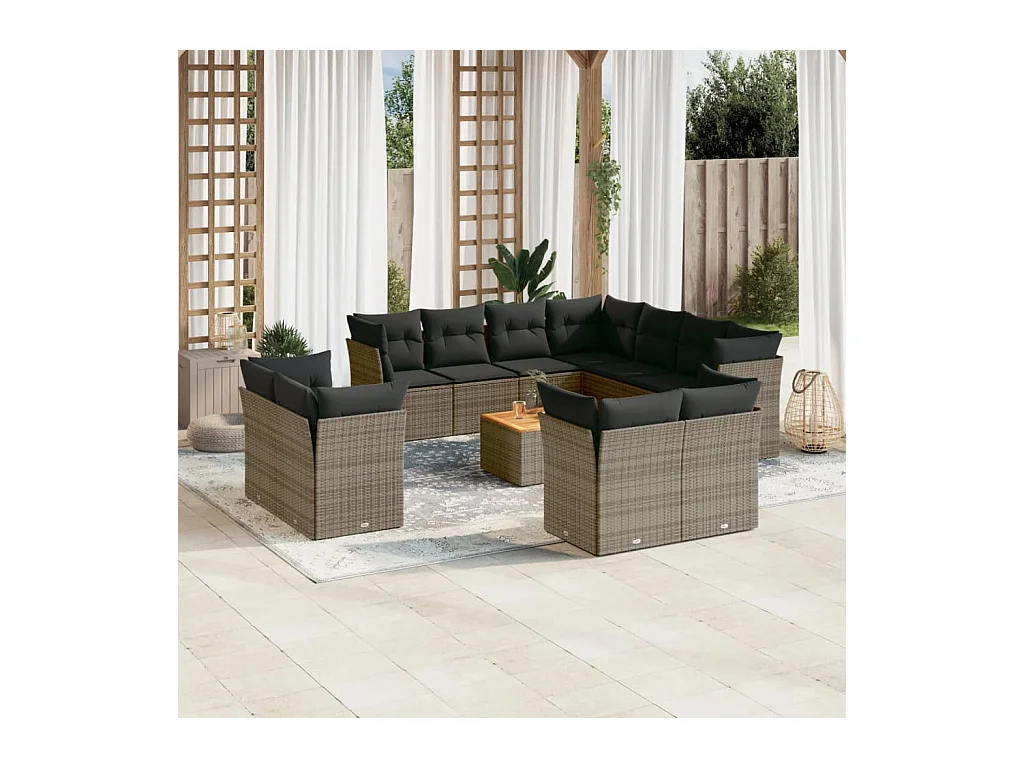 Salon de jardin avec coussins 12 pcs gris résine tressée