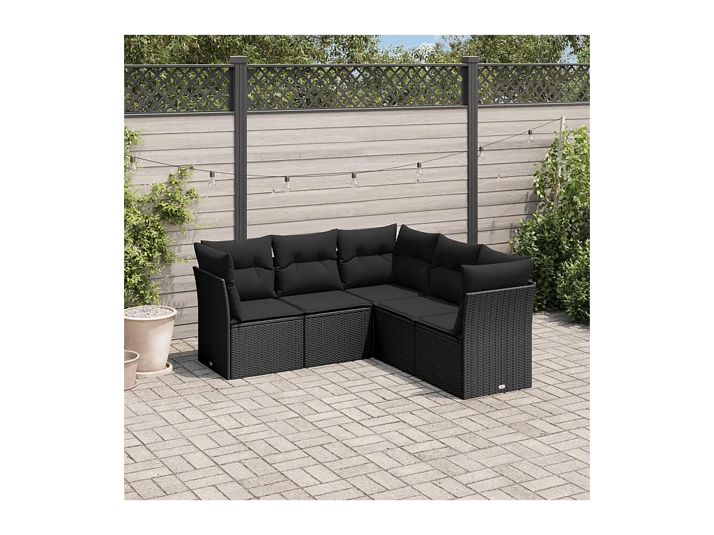 5-delige Loungeset met kussens poly rattan zwart