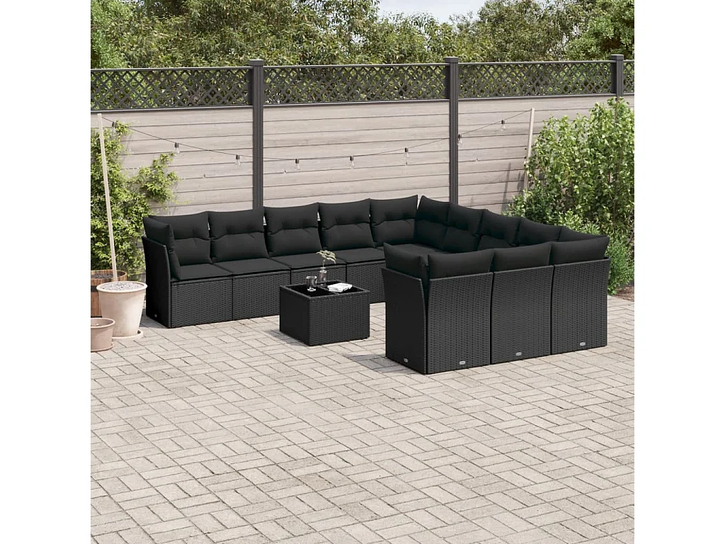 Salon de jardin 12 pcs avec coussins noir résine tressée