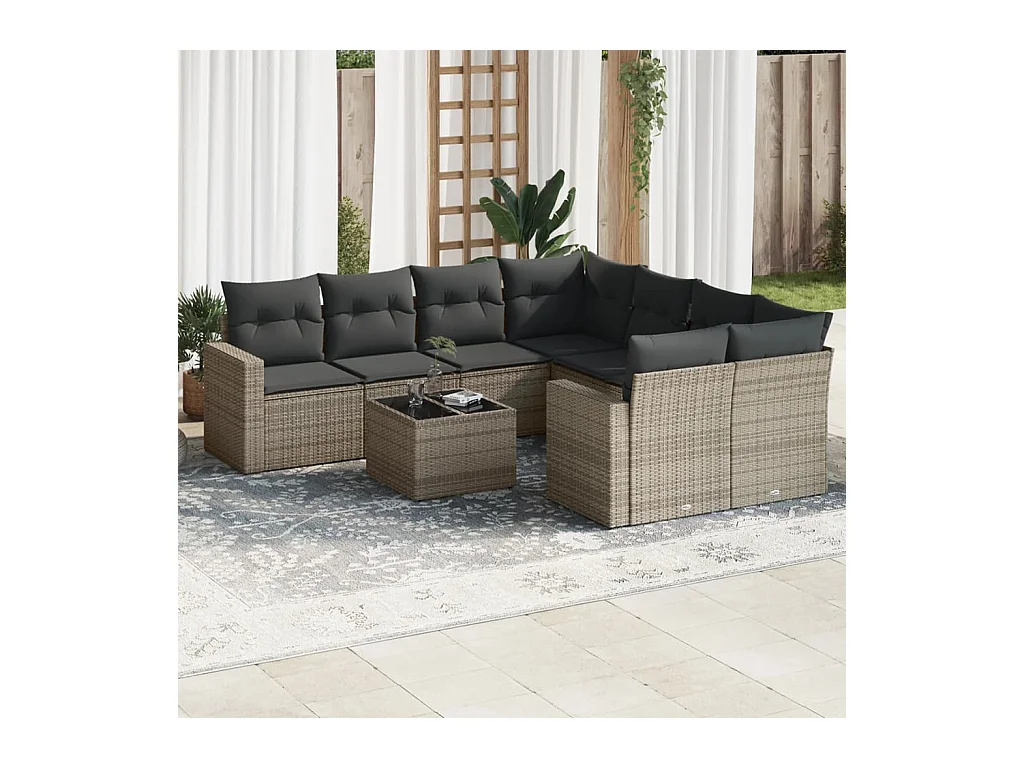 9-delige Loungeset met kussens poly rattan grijs