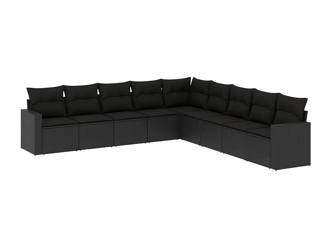 9-delige Loungeset met kussens poly rattan zwart