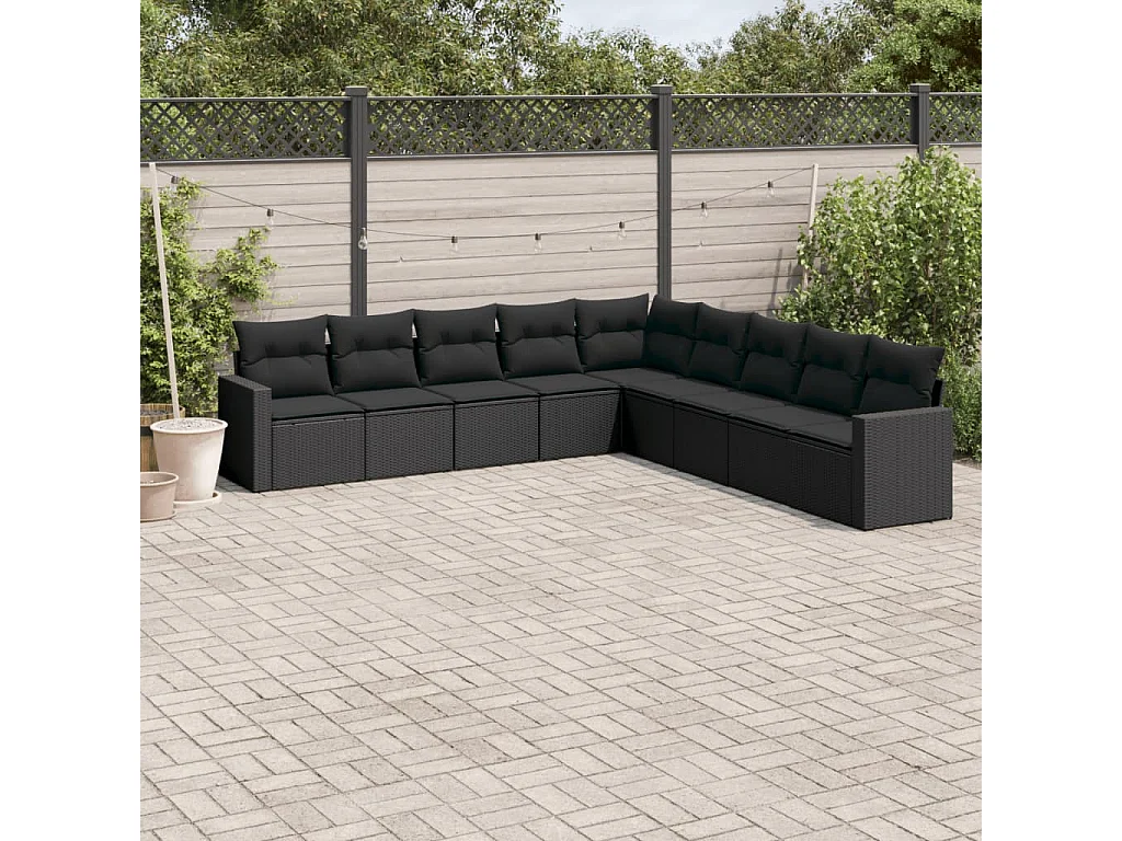 9-delige Loungeset met kussens poly rattan zwart