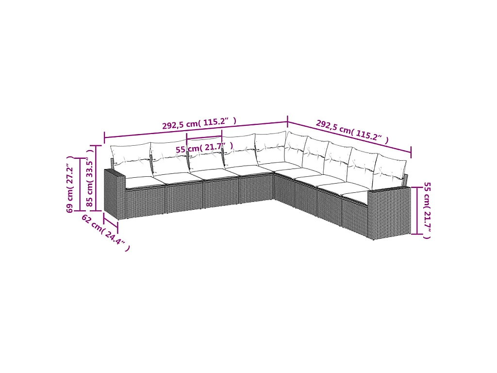 9-delige Loungeset met kussens poly rattan zwart