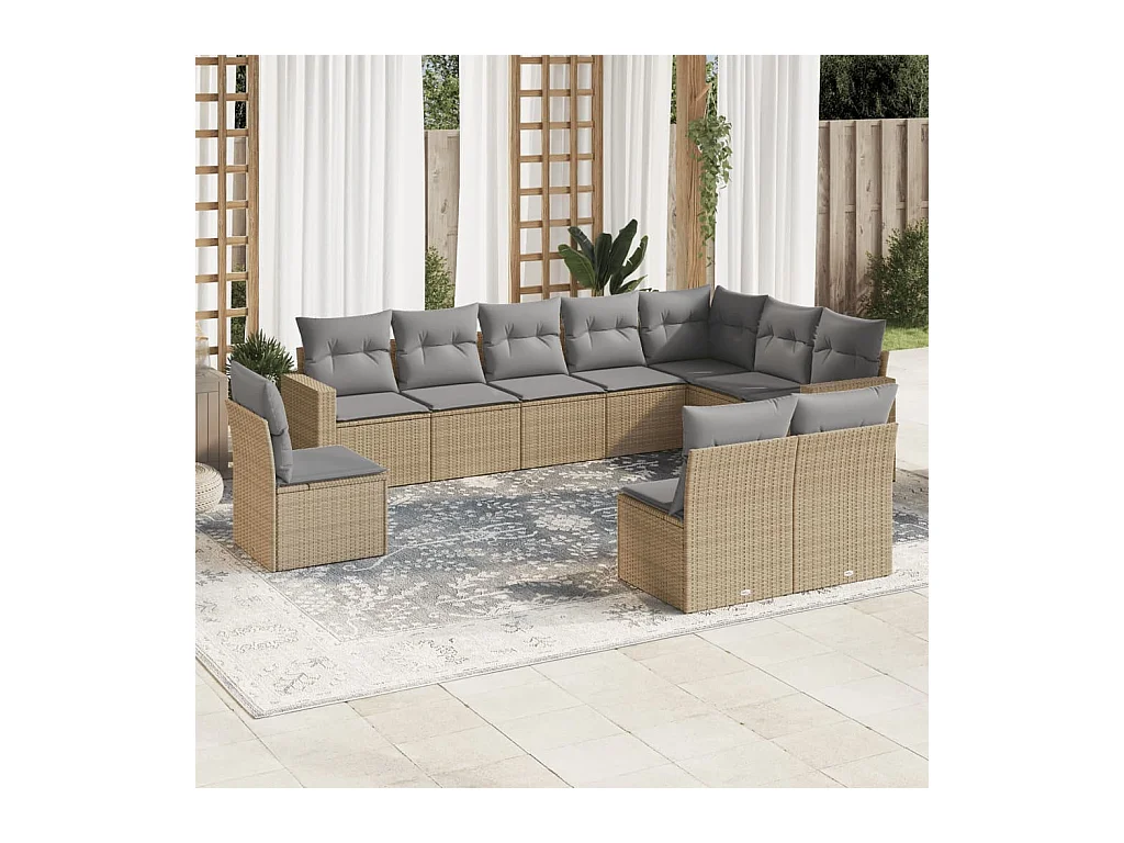 Set Divano da Giardino 10 pz con Cuscini Beige in Polyrattan