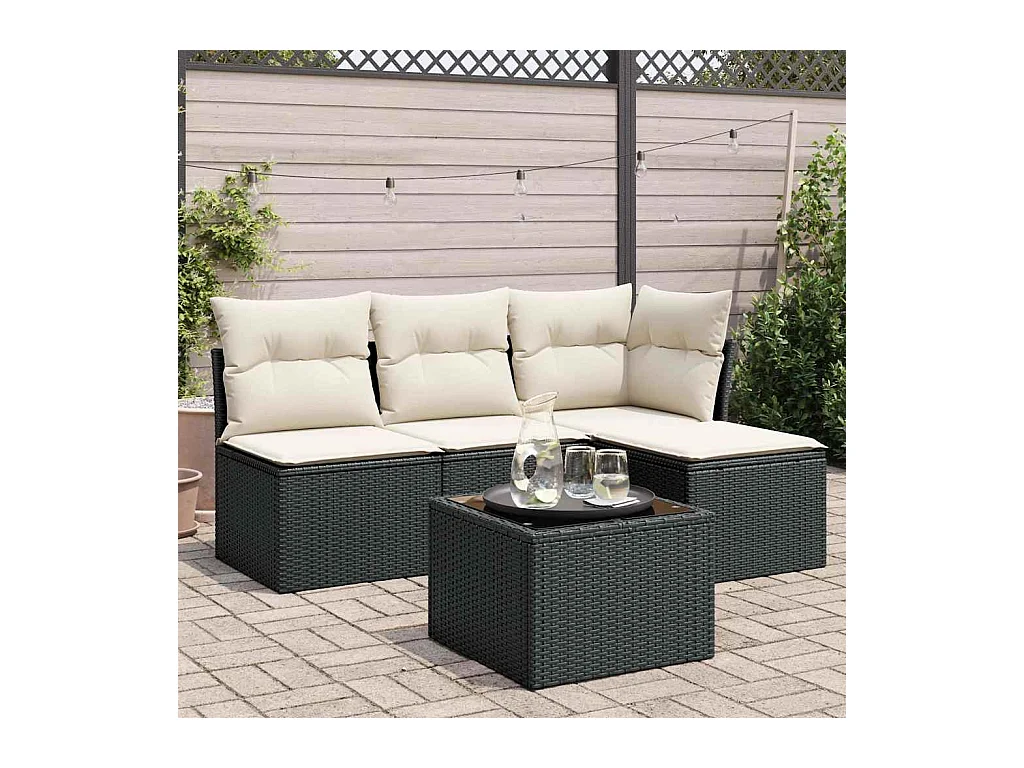 5-tlg. Garten-Sofagarnitur mit Kissen Schwarz Poly Rattan