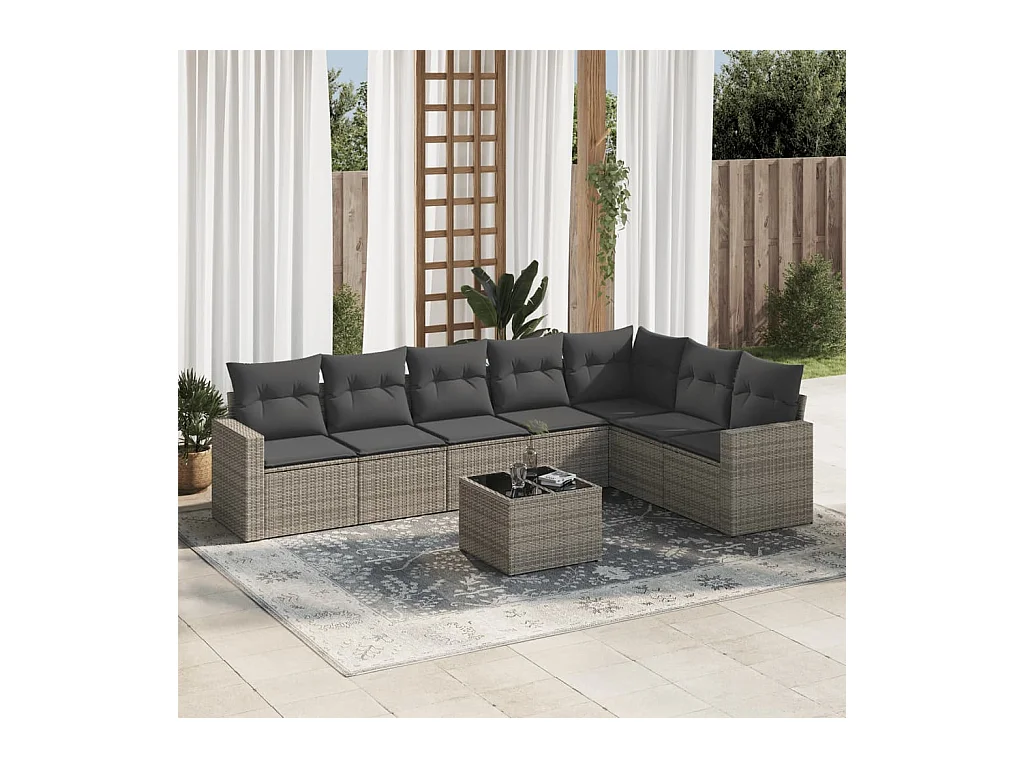 8-tlg. Garten-Sofagarnitur mit Kissen Grau Poly Rattan