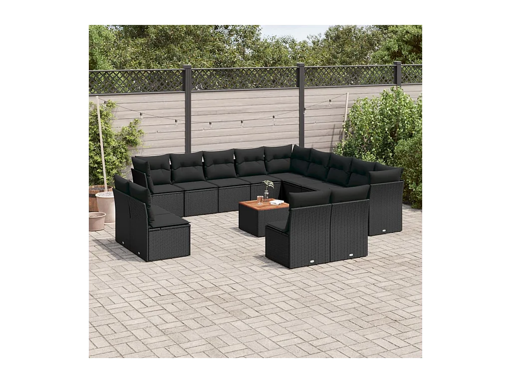 Salon de jardin avec coussins 14 pcs noir résine tressée