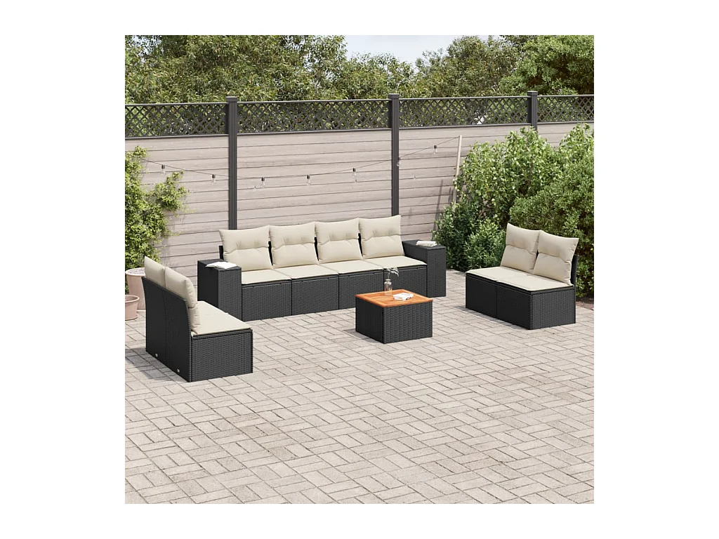 Salon de jardin 9 pcs avec coussins noir résine tressée