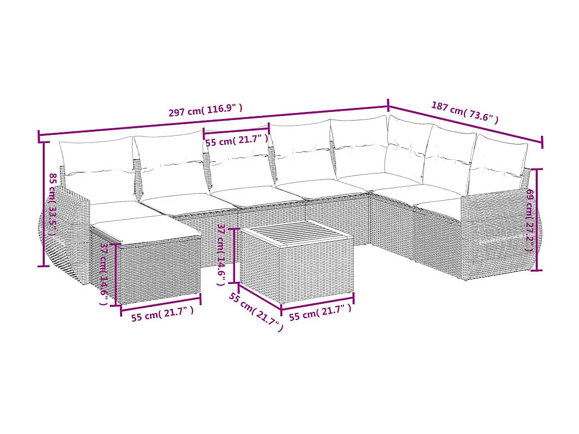 9-delige Loungeset met kussens poly rattan beige