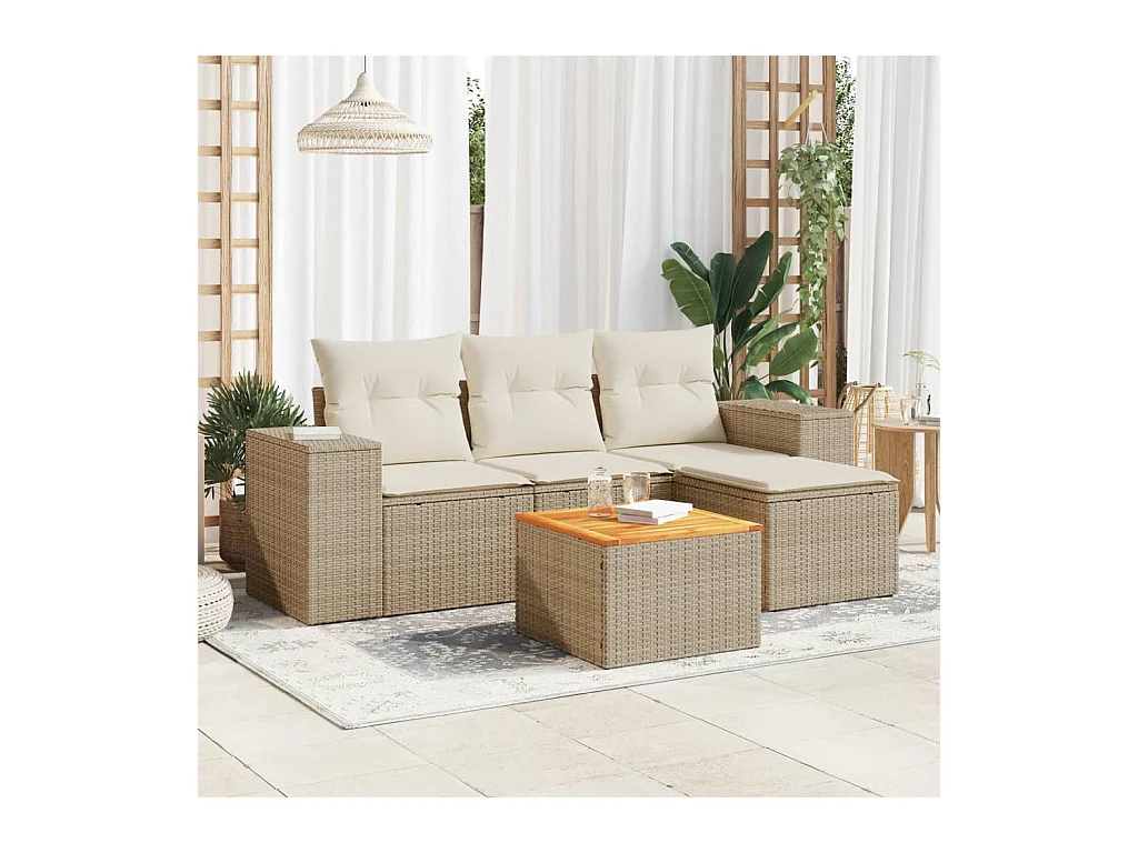 Salon de jardin avec coussins 5 pcs beige résine tressée