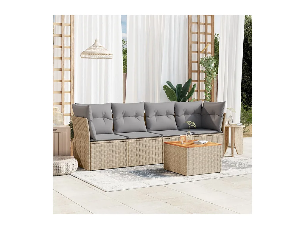 5-delige Loungeset met kussens poly rattan beige