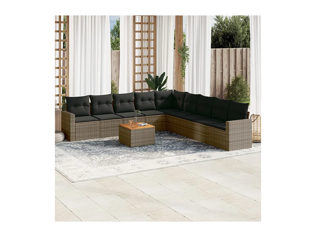 10-delige Loungeset met kussens poly rattan grijs