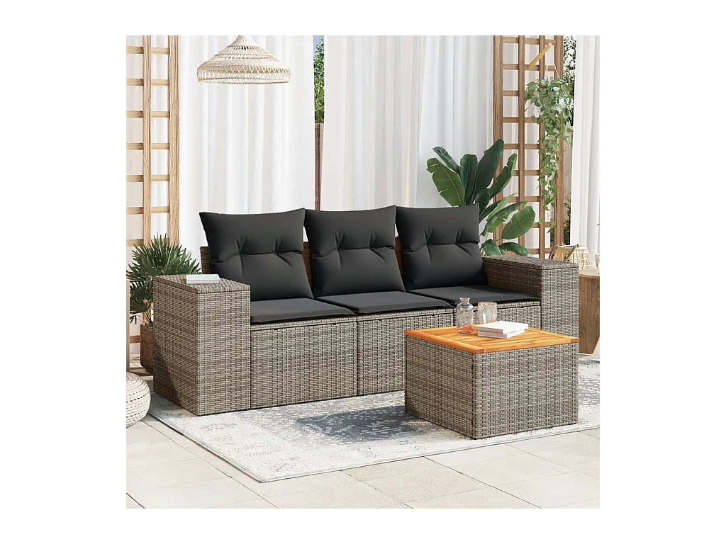 Salon de jardin 4 pcs avec coussins gris résine tressée
