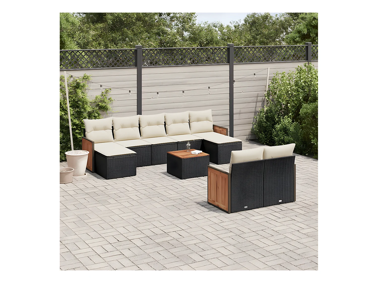 Salon de jardin 10 pcs avec coussins noir résine tressée