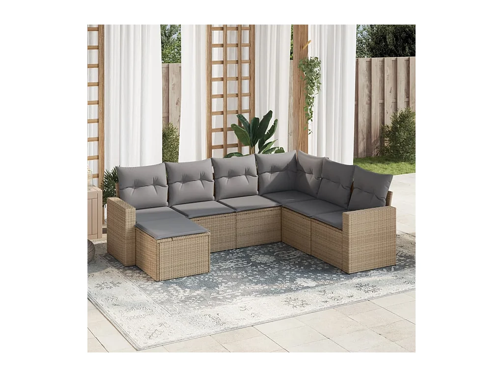 Set Divani da Giardino 7 pz con Cuscini Beige in Polyrattan