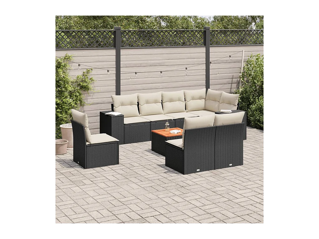 Salon de jardin 9 pcs avec coussins noir résine tressée