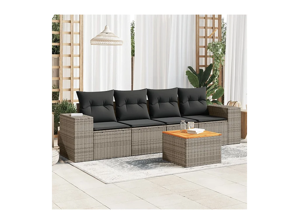 5-tlg. Garten-Sofagarnitur mit Kissen Grau Poly Rattan