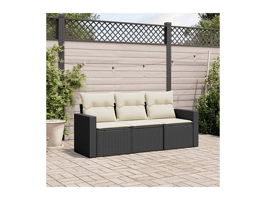 Salon de jardin 3 pcs avec coussins noir résine tressée
