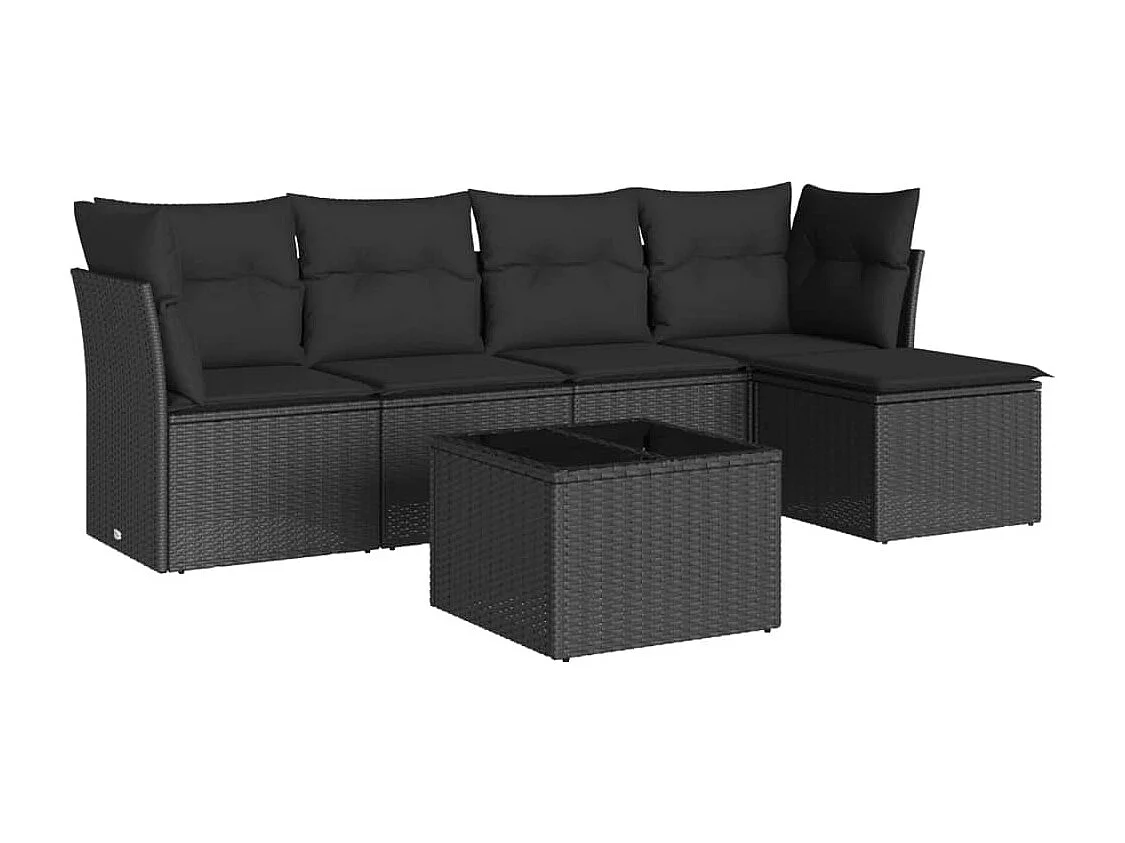 Salon de jardin 6 pcs avec coussins noir résine tressée