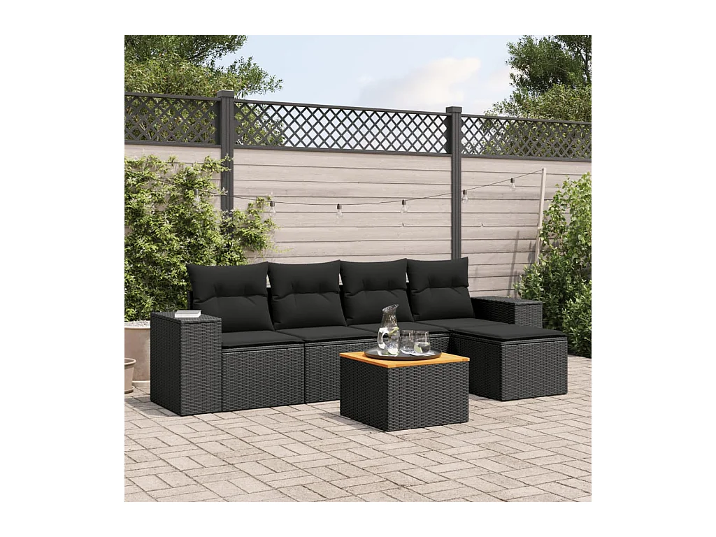 Salon de jardin 6 pcs avec coussins noir résine tressée