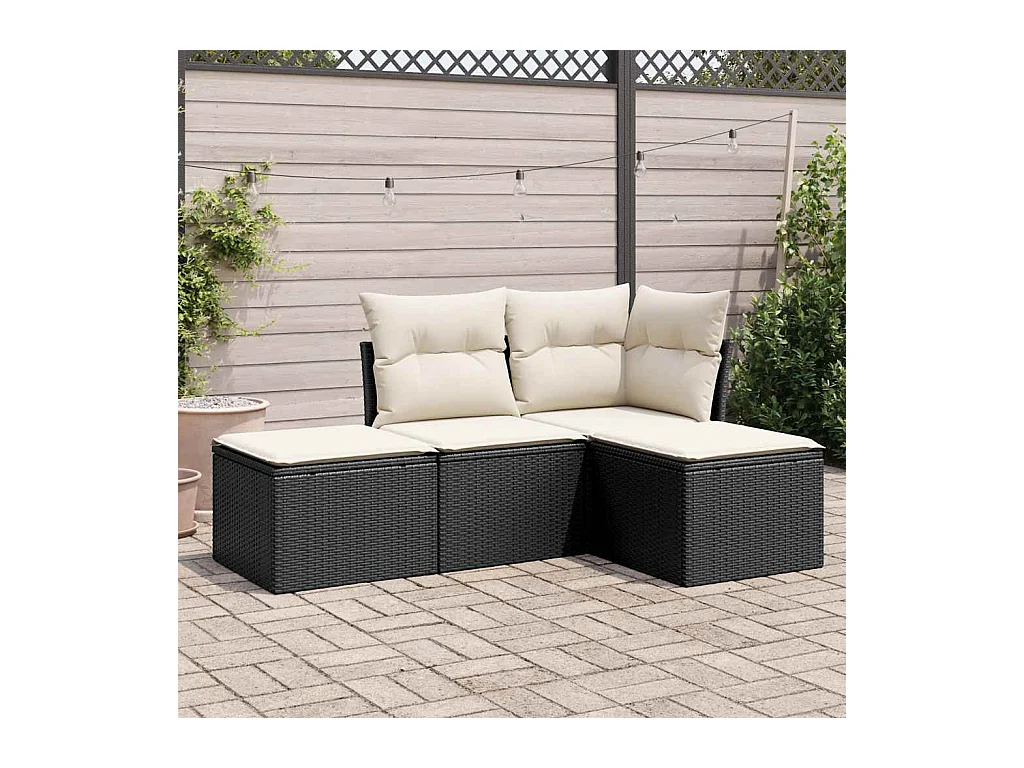Salon de jardin 4 pcs avec coussins noir résine tressée
