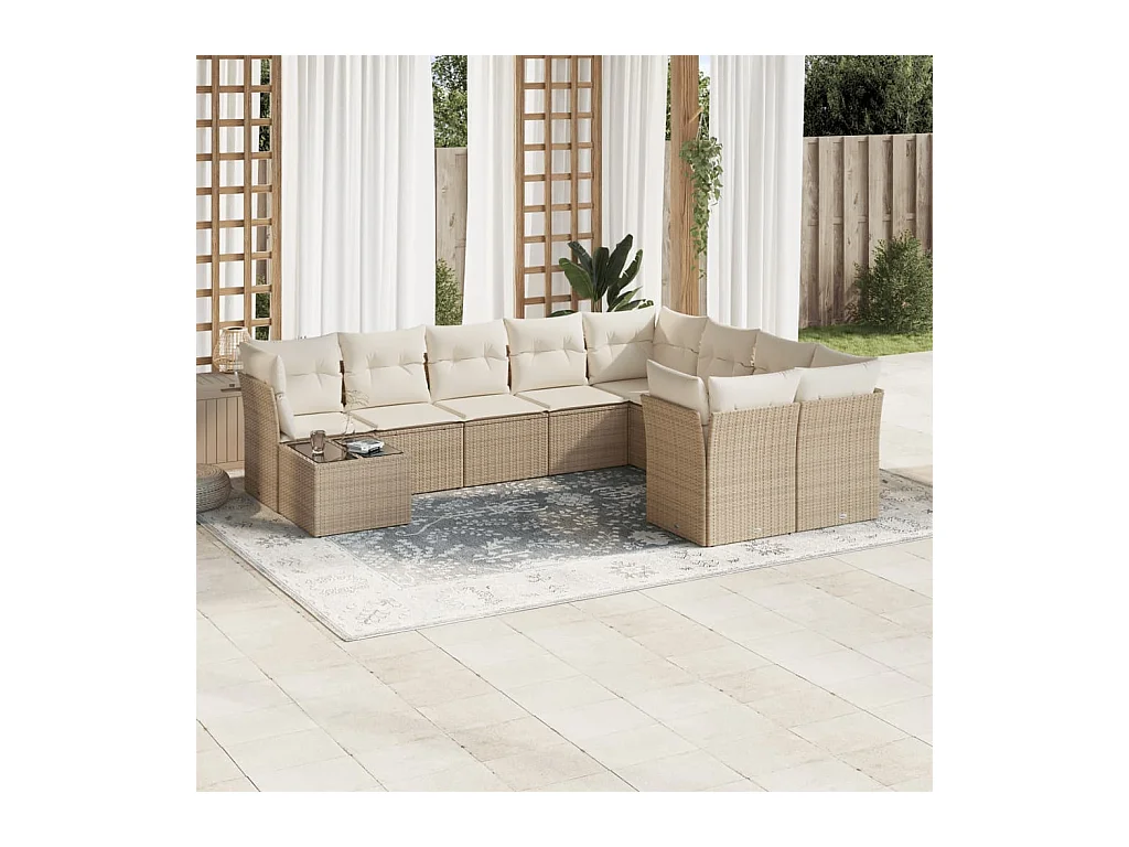 Salon de jardin avec coussins 10 pcs beige résine tressée