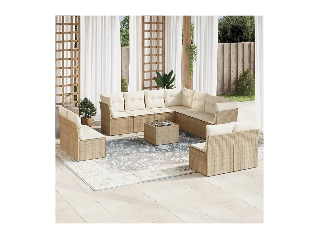 Salon de jardin avec coussins 12 pcs beige résine tressée