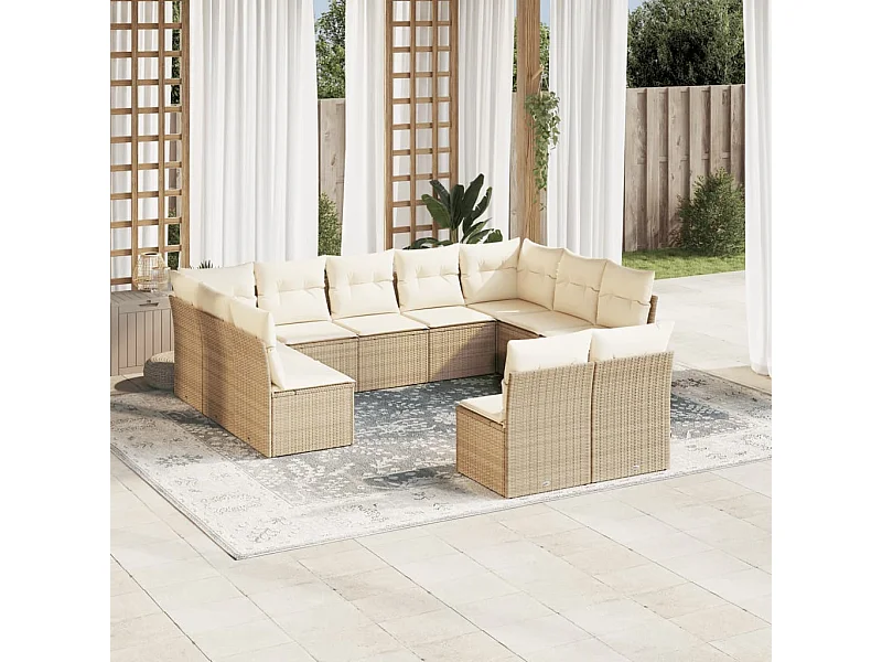 11-tlg. Garten-Sofagarnitur mit Kissen Beige Poly Rattan